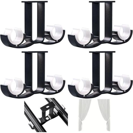 Supports pour rideaux doubles en métal noir – Lot de 4, fixation au plafond, robuste et design moderne