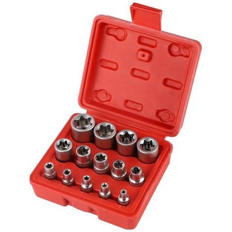 Satz mit 14 weiblichen Torx-Nüssen E4-E24, Sechskant-Torx-Nuss-Set 1/4" 3/8" 1/2" mit blauer Box