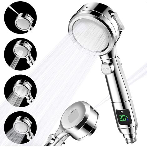 Wassersparender Duschkopf, Duschkopf mit Luftsprudler, Anti-Kalk-Duschkopf – 4 Hochdruck-Strahlarten – mit digitaler Temperaturanzeige (1/5)