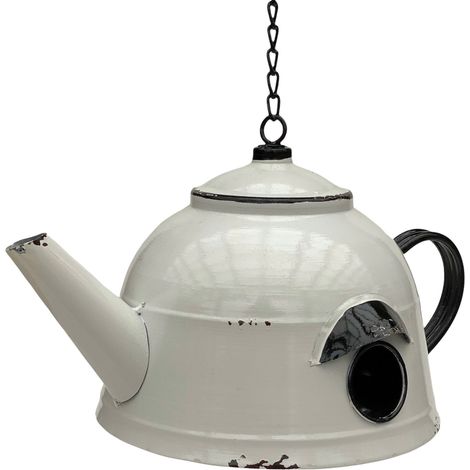 DanDiBo Mangeoire pour oiseaux à suspendre Métal Décor Théière résistant aux intempéries 521862 Nichoir Théière Station d'alimentation pour oiseaux Shabby avec chaîne Pot en métal Balcon