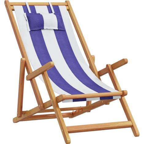 Chaise de jardin  Chaise de plage pliable bleu et blanc bois d'eucalyptus/tissu (1/5)