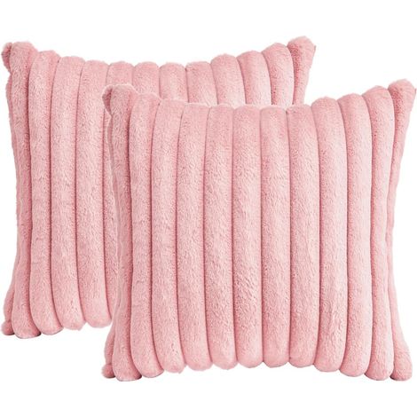 Lot de 2 Housses de Coussin Décoratives en Fausse Fourrure - Peluche à Rayures Floues - 50 x 50 cm - Pour Canapé et Chambre - Rose (1/5)
