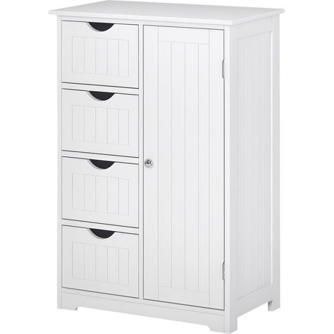 Meuble de salle de bain avec 4 tiroirs et étagère réglable en hauteur (3 positions), gain de place, peinture écologique, panneaux MDF anti-basculement, 56 x 30 x 83 cm, blanc (1/5)