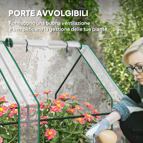Abri de jardin allongé 4 portes enroulables, 360x90x90 cm, couverture acier et PE transparent, serre de rangement extérieur robuste (1/5)