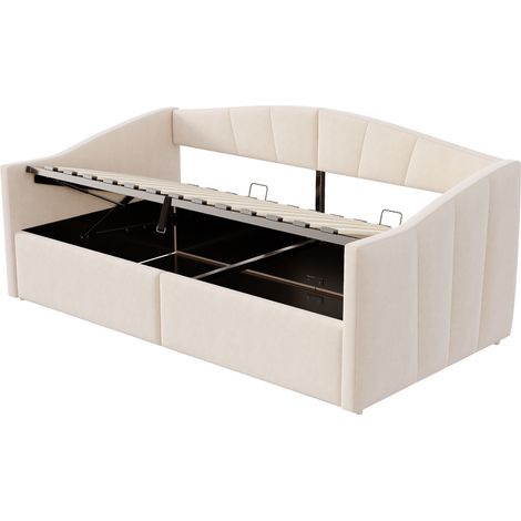 Sofá cama tapizado 90 x 200 cm en terciopelo beige con elevación hidráulica y reposabrazos (1/5)
