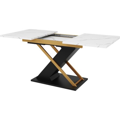 Tavolo da pranzo allungabile 120-160 x 80 cm in MDF effetto marmo, gambe dorate incrociate HOMVRA (1/5)