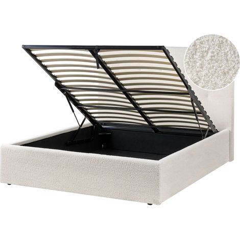 Ottoman Bed Off White Boucle Upholstery EU Double Size Headboard Storage Function Modern Design LORIENT