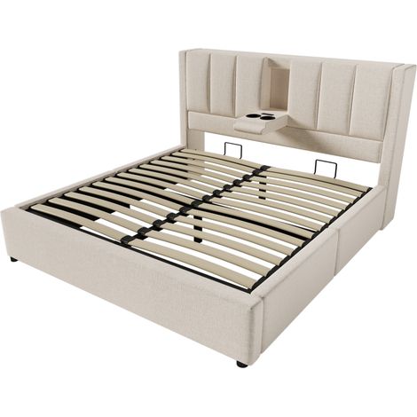 GagaLit rembourré 140x190 cm avec porte-gobelet caché et station de charge, lit hydraulique avec rangement, sommier à lattes inclus, lin beige (sans matelas) (1/5)