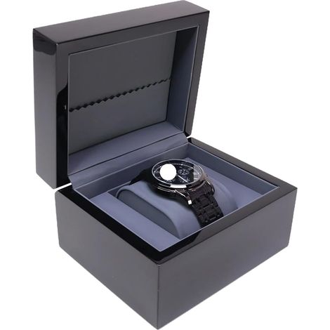 Coffret à montres en bois massif, coffret à montres en bois laqué poli pour piano noir dans un étui en cuir (intérieur gris) (1/5)