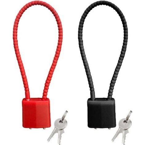 Set of 2 padlocks with key, long stirrup padlocks, flexible wire rope locks, anti-theft locks for bicycles, lockers (black, red) (1/4)