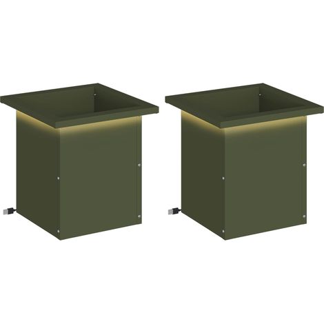 Garden Planter with LED 2 pcs Olive Green 30 x 30 x 30 cm Steel vidaXL