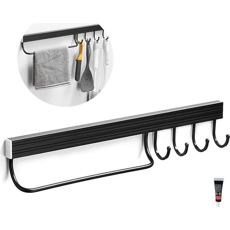 YMYNY Küchenutensilienhalter, wandmontierter Utensilienhalter aus Aluminium, Küchenutensilienregal, wandmontiertes Topfregal, Küchenutensilienhalter mit 4 Haken (schwarz) (1/5)