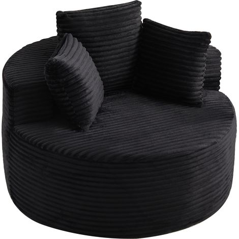 Fauteuil lounge rond en velours côtelé noir avec accoudoirs larges et 3 coussins, siège cocooning à ressorts et mousse pour salon, chambre ou salle de jeux – CHICFURN (1/5)