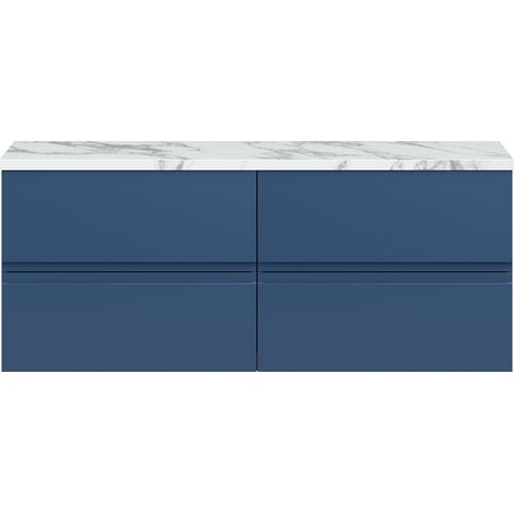 Hudson Reed Urban Wall Hung 4-Drawer Vanity Unit with Carrera Marble Worktop 1200mm Wide - Satin Blue (1/3)