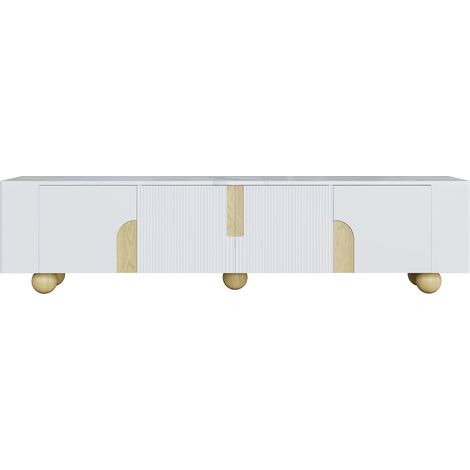 Mueble TV blanco de 180 cm con 4 puertas, acabado efecto mármol y patas de madera esféricas (1/5)
