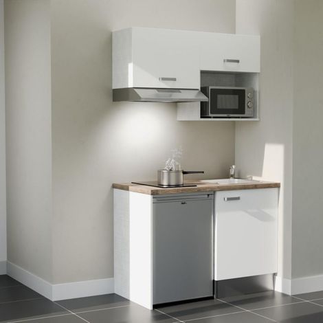 Kitchenette K02L-PT - 120 cm - plan stratifié, évier inox, - Façade Blanc - Plan Bois - Evier Inox - Crédences Non + Electroménager inclus coloris Inox
