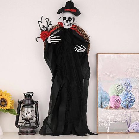 Guirlande Halloween - Couronne De Skull Avec Roses Squelettiques - Décoration Pour Fenêtre Mur Intérieur Extérieur - 35 x 90 cm - 1 Pièce (1/5)
