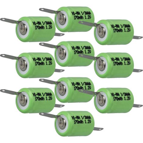 vhbw 10x Batteries remplacement pour 1/3AAA pour modéle RC (170mAh, 1,2V, NiMH, vert, avec cosse à souder (Z))