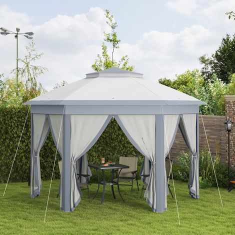 Faltpavillon 4 x 4m, Sechseck-Design, Netzvorhänge, wasserabweisend, Lüftungsdach, Grau+Weiß