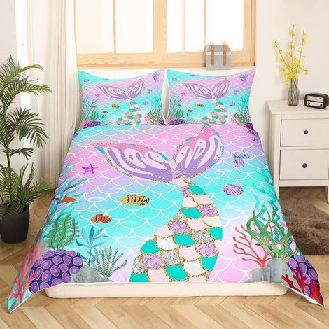 Bettbezug Meerjungfrauen Schwanz 135x200 cm mit Pailletten Regenbogen Design