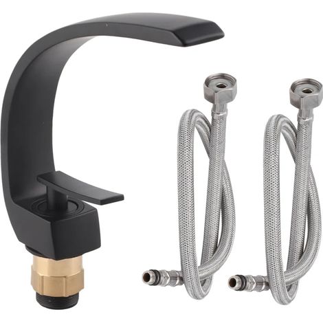 Robinet de salle de bain encastré noir moderne, mitigeur monotrou en cuivre pur G1/2 avec flexibles de 60 cm pour eau chaude et froide