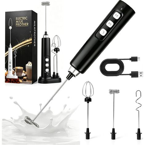 Mousseur à Lait Électrique USB Rechargeable avec Protection contre la Surcharge, Fouet Batteur Portable Sans Fil 3 Vitesses, 3 Fouets, Mini Batteur Electrique Cuisine pour Café Latte Matcha et Œufs (1/5)