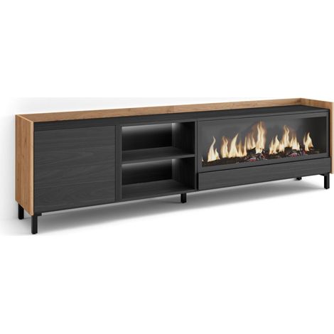 Skraut Home - Mueble TV, Televisión, Muebles de salón, almacenaje, 212x35x61cm, Para TV hasta 80", Chimenea eléctrica XXL, Diseño industrial, LED, Estilo Moderno, Negro y roble (1/5)