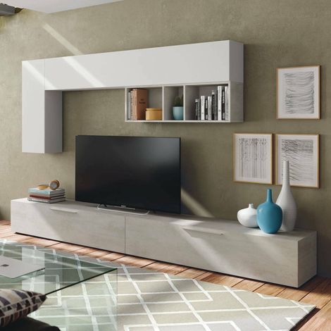 Dmora Pared de almacenamiento Tulsa, Mueble de tv para salón, Composición de salón con mueble alto, cm 260x42h32, Cemento y Blanco, con embalaje reforzado (1/5)