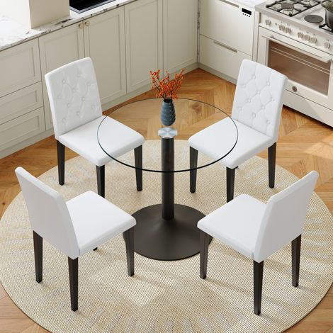 Table ronde en verre 85 cm avec 4 chaises PU design bouton, ensemble salle à manger minimaliste moderne, 1 table + 4 chaises, choix élégant pour cuisine