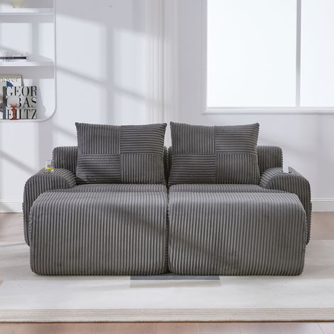 Sofá modular de 2 plazas en terciopelo de canalé gris oscuro con 2 pufs (1/5)