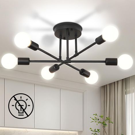 Plafonnier HEMVOR modern style E27 à 6 têtes, matériau en métal noir (sans ampoule)