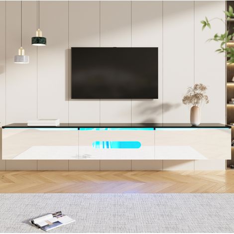Meuble TV MDF et panneaux de particules noir et blanc 180x35x30 cm, LED 16 couleurs, 3 portes, au sol ou mural (1/5)