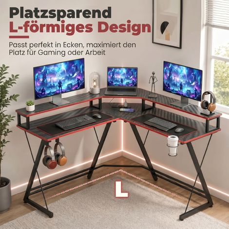 Tableau d'angle en forme de L avec prises, 128 cm, support pour écran, crochet pour casque et porte-gobelet (1/5)