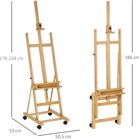 Chevalet de peintre réglable en hauteur, mobile sur 4 roues, finition bois naturel et métal noir, pour atelier et usage professionnel (1/5)