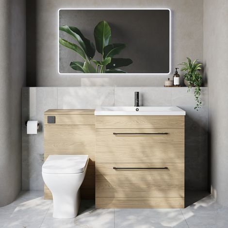 Napoli 460 Light Oak 1300mm 2 Drawer Vanity Unit Toilet Suite with Glide Basin - 1300mm - Matt Black 480mm HandleWith Kingston Toilet Pan and Seat
