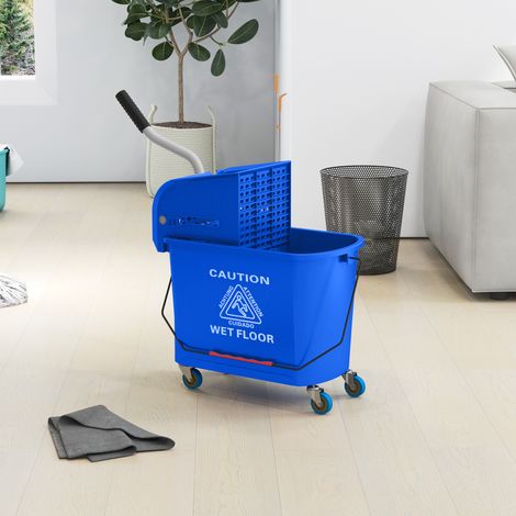 Seau à franges à roulettes de 20 L avec essoreuse et poignée de transport pour usage domestique et professionnel - Bleu (1/5)