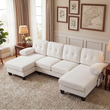 Canapé en U 4 places avec double chaise longue et accoudoirs amovibles, en chenille beige (1/5)