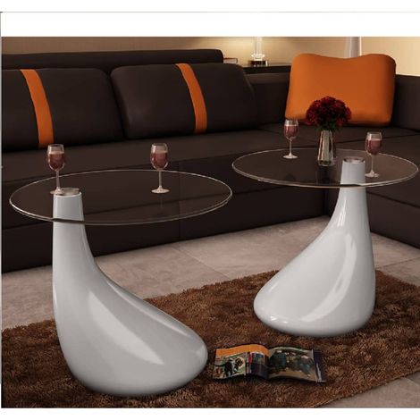 Table basse de salon, Table Café, et dessus de table Verre rond Blanc brillant 2 pcs OIB8436E (1/5)