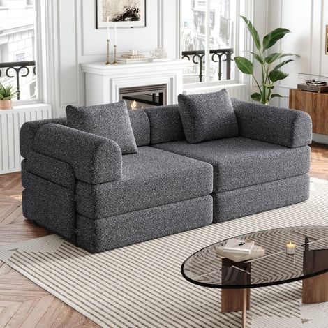 Schlafsofa 183,8 x 91,4 x 69,8 cm grau, Armlehnenstauraum, Chenillestoff MEUBLIV (1/5)