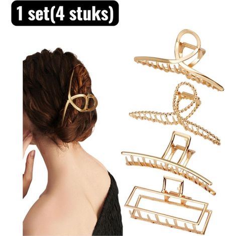 Set of 4 extra-large metal hair clips with a geometric design in gold color (1/4)
