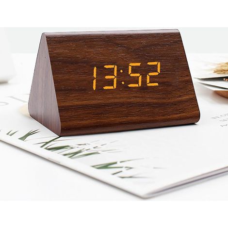 Dreieckiger elektronischer Wecker aus hellweißem oder braunem Holz, 120 mm x 80 mm x 70 mm, LED-Digital-Tischuhr aus Holz (1/4)