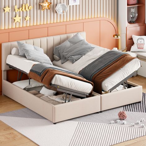 Lit avec rangement hydraulique en tissu beige 180x200 cm, convertible en 2 lits 90 cm, sommier à lattes inclus (1/5)