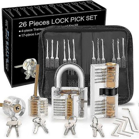 Kit de crochetage de serrures, kit de crochetage de 26 pièces, outils d'entraînement avec 4 serrures transparentes (1/5)