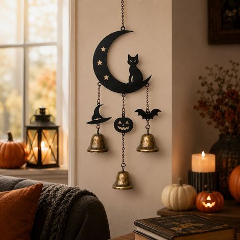 Carillon éolien « Sorcière et Lune » pour Halloween – Décoration suspendue en métal pour la maison et les fêtes