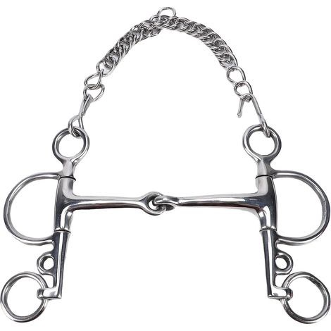 Mors de filet d'entraînement de cheval en acier inoxydable, Double bride, bouche de bordure avec crochet et chaîne à œil (1/5)