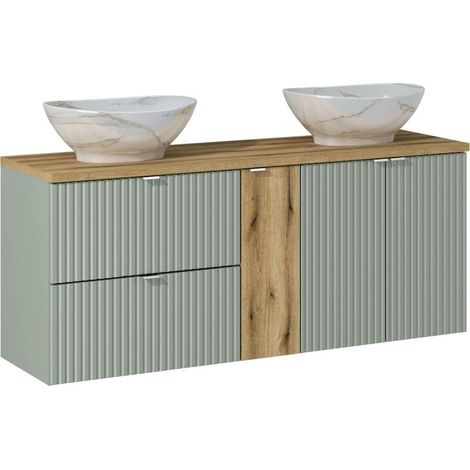 Meuble double vasques à poser 140 cm + rangement central - A portes et tiroirs - Vert Roseau - Livraison gratuite