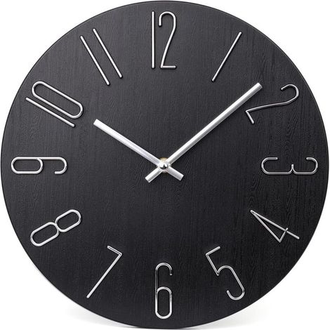 Orologio da parete silenzioso da 30 cm (circa 30 cm), senza ticchettio, moderno orologio da parete in legno, decorazione, ufficio, casa, camera da letto, scuola (nero) (1/4)