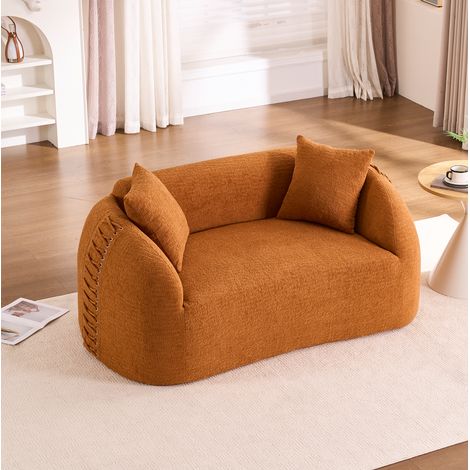 Geschwungenes 2-Sitzer-Sofa 155x90x67 cm aus orangefarbener Chenille mit 2 Kissen – MEUBLIV (1/5)