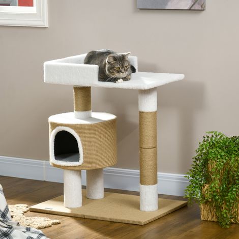 Tiragraffi per gatti 79 cm con cuccia e piattaforma in juta marrone e bianco OKWISH (1/5)