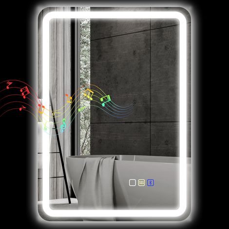 Miroir de salle de bain LED avec Bluetooth, éclairage réglable et fonction mémoire, verre trempé, 70 x 50 x 3,5 cm (1/5)